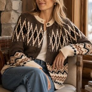 J.Crew Fair Isle Cardigan Sweater Medium Wool Blend Nordic Knit Jacket Nordic